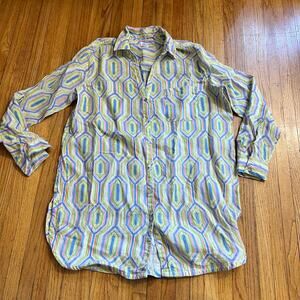 Sigrid Olsen Shirt Womens Large Top Blouse Tunic Green Blue Button Down Linen